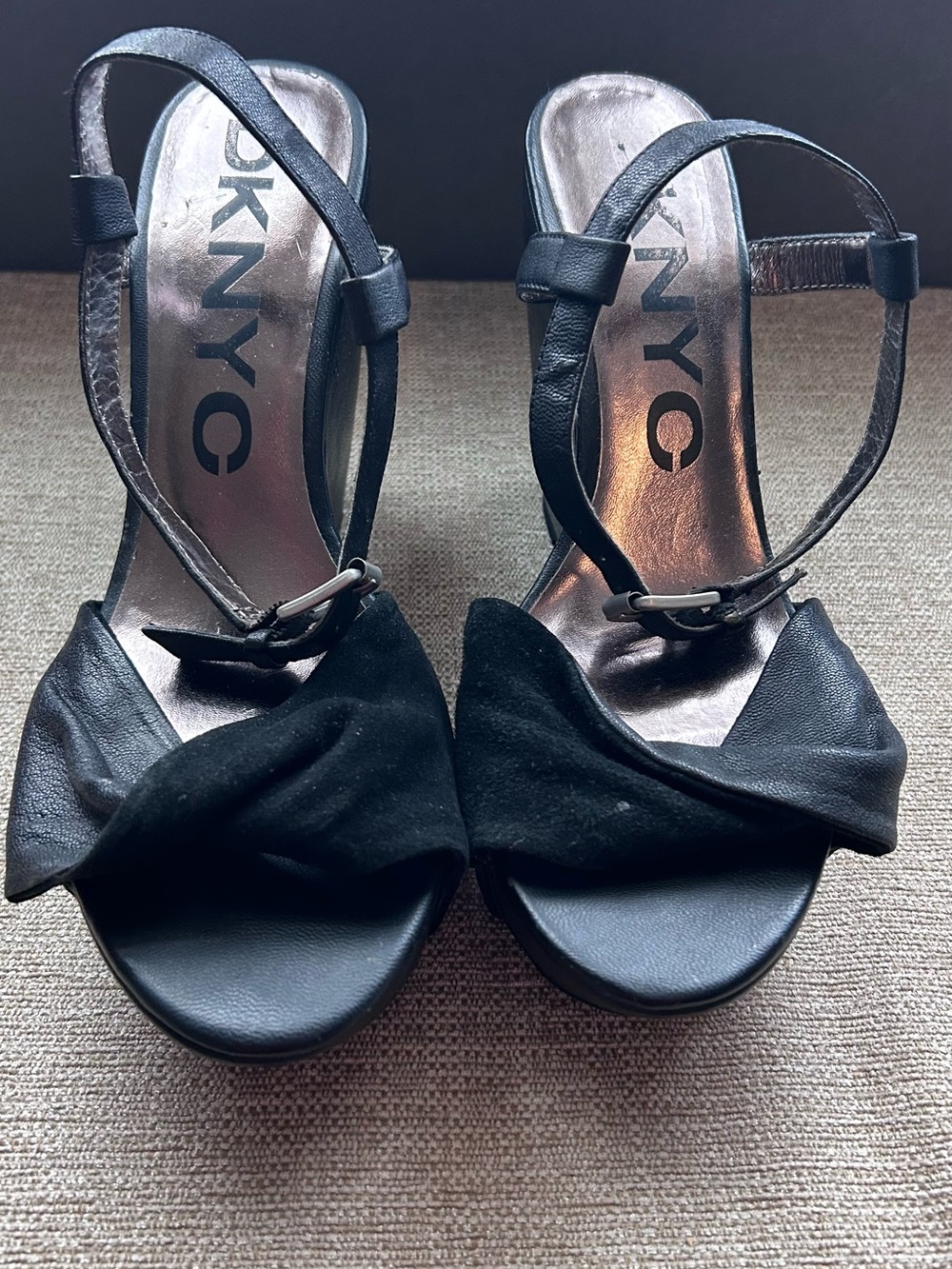 DKNY Black Leather & Suede Knot Front Heeled Sandals